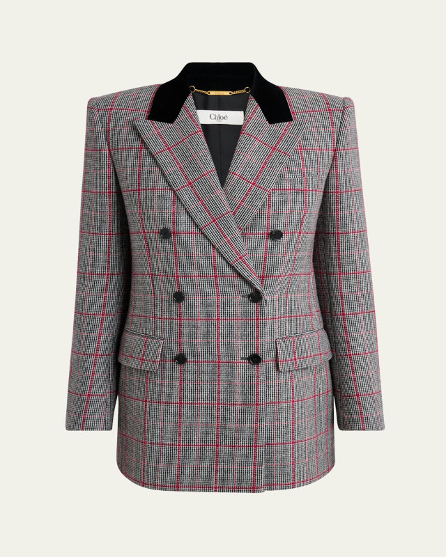 Check Wool Velvet-Trim Double-Breasted Jacket